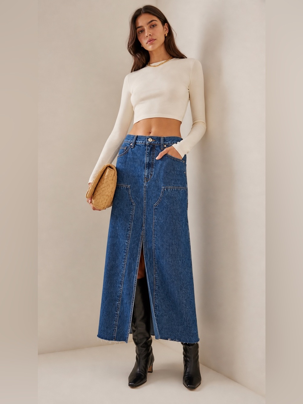 SLVRLAKE Worker Denim Maxi Skirt 26 Blue Front Slit Made in USA Western 90s NWT